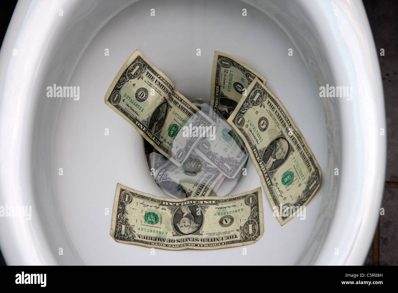 uns spülen Dollarnoten hinunter die Toilette Stockfoto