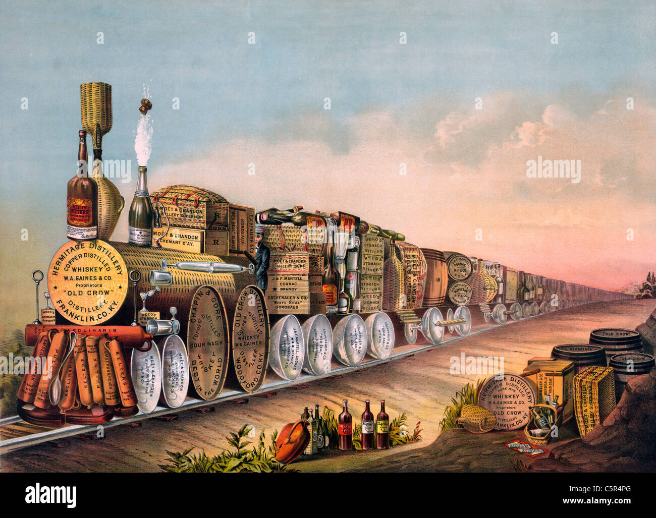 Die Sour Mash express - Zug von Flaschen Whiskey und verschiedene Gegenstände, die bei der Herstellung von Whisky verwendet gebildet Stockfoto