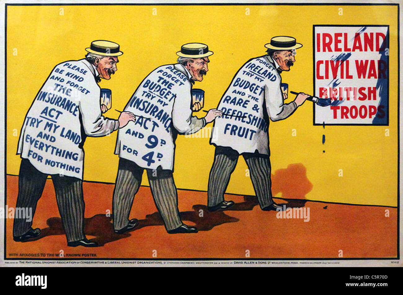 1911-Plakat satirising Liberal Sozialversicherungsgesetzes als Vorrang vor Aufmerksamkeit zum Bürgerkrieg in Irland Stockfoto