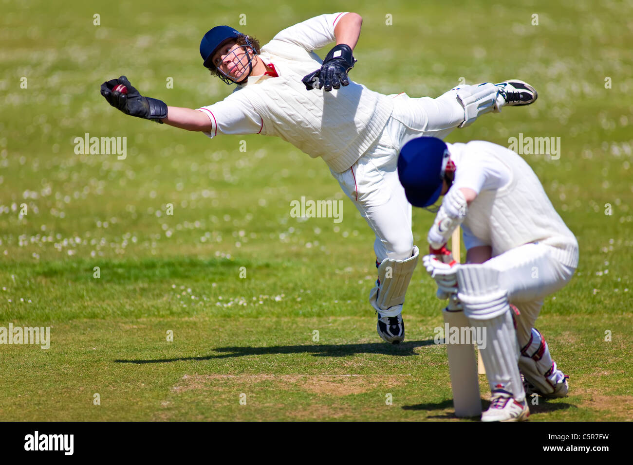 Ein Wicket-Keeper nimmt den Fang nach der Schlagmann Kanten. Stockfoto