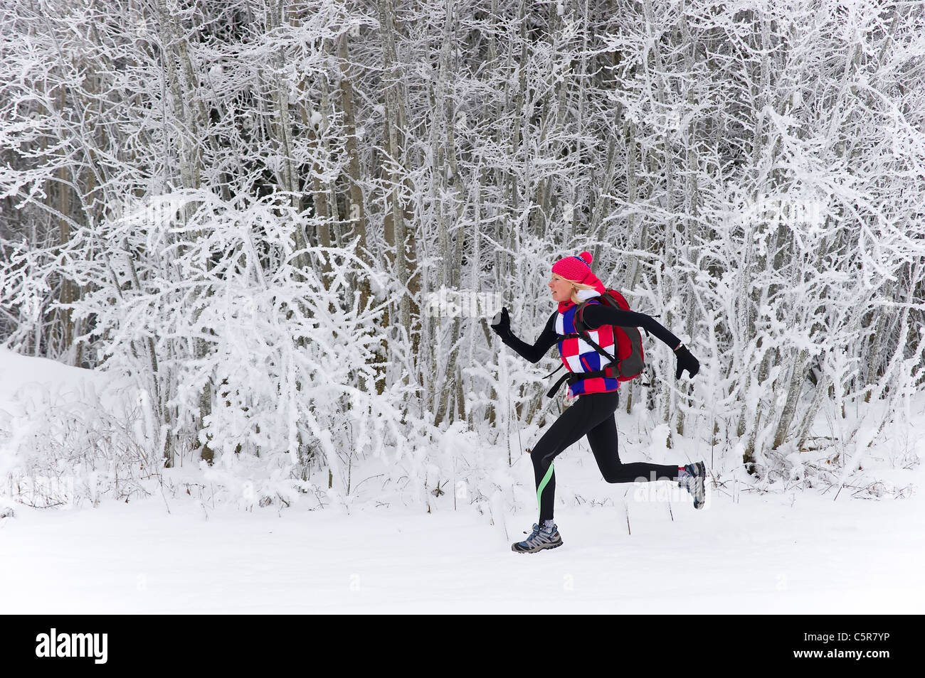 Ein Jogger läuft schnell durch einen Winterwald. Stockfoto