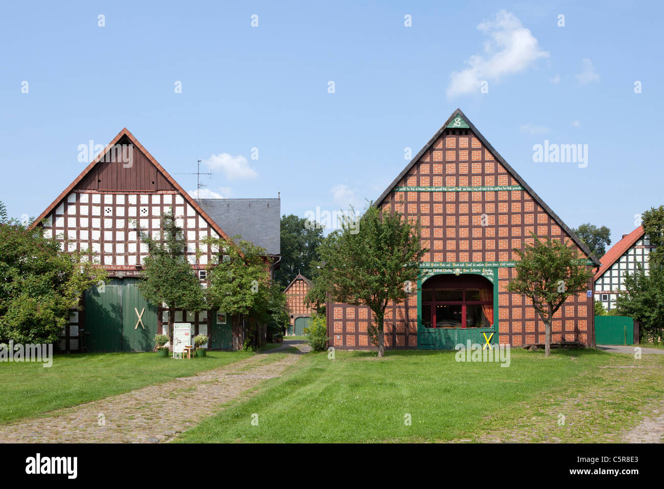 Fachwerkhäuser in der Runde Dorf Satemin, Wendland, Niedersachsen, Deutschland Stockfoto