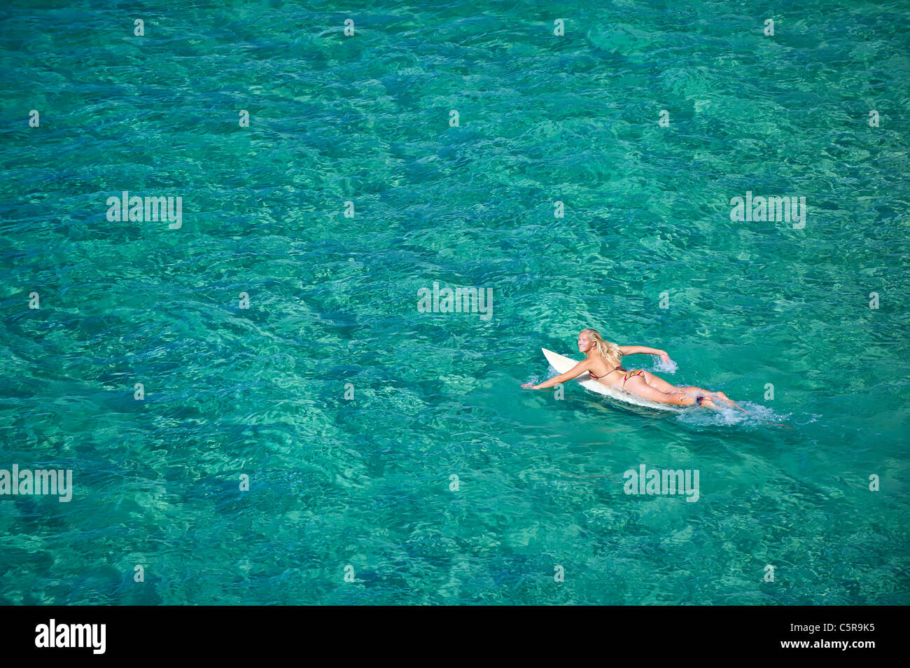 Mit einem Bikini Blondine Surfer Paddel heraus zum Meer Stockfoto
