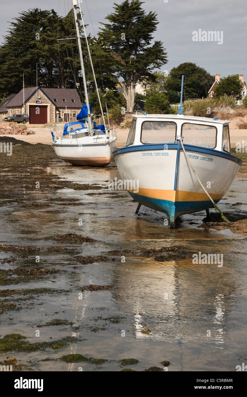 Abersoch Lleyn Halbinsel North Wales UK. Angelboote/Fischerboote vertäut im Hafen auf Afon Soch Flussmündung bei Ebbe gestrandet Stockfoto