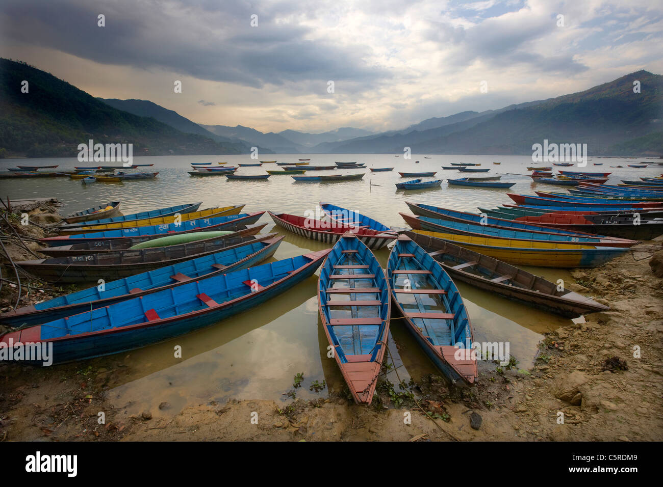 Holzboote auf See Phewa (Fewa) Tal, Pokhara, Nepal, Asien Stockfoto