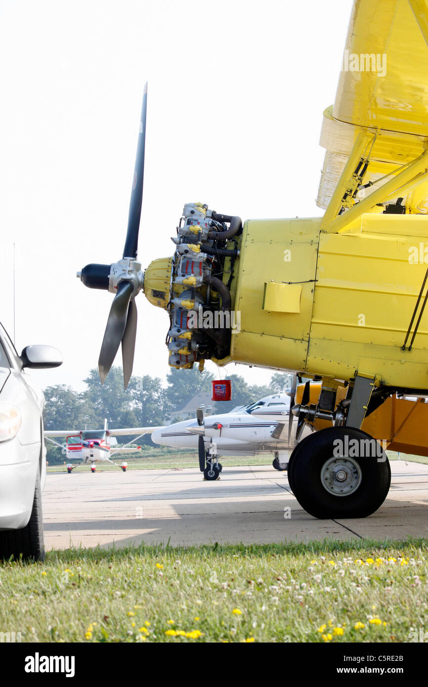 Kolben angetrieben Flugzeug Antenne Anwendung von Chemikalien in der Landwirtschaft Stockfoto