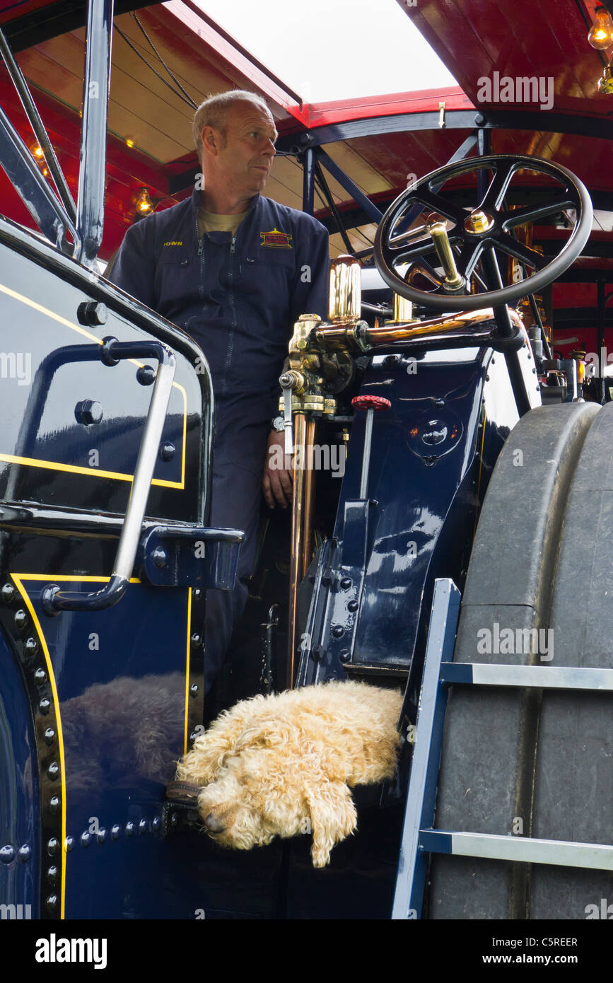 Der Fahrer eine Zugmaschine mit seinem Haustier Hund schlafend auf den Motor auf Sandringham Flower Show 2011. Stockfoto