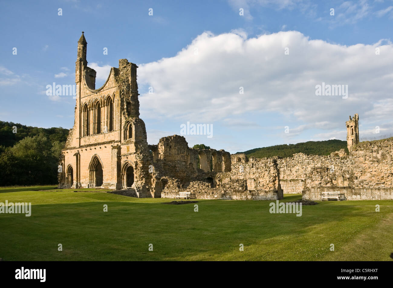 Byland Abbey, North Yorkshire. Zeigen die Westwand der Abtei in der Abend-Sonne. Stockfoto