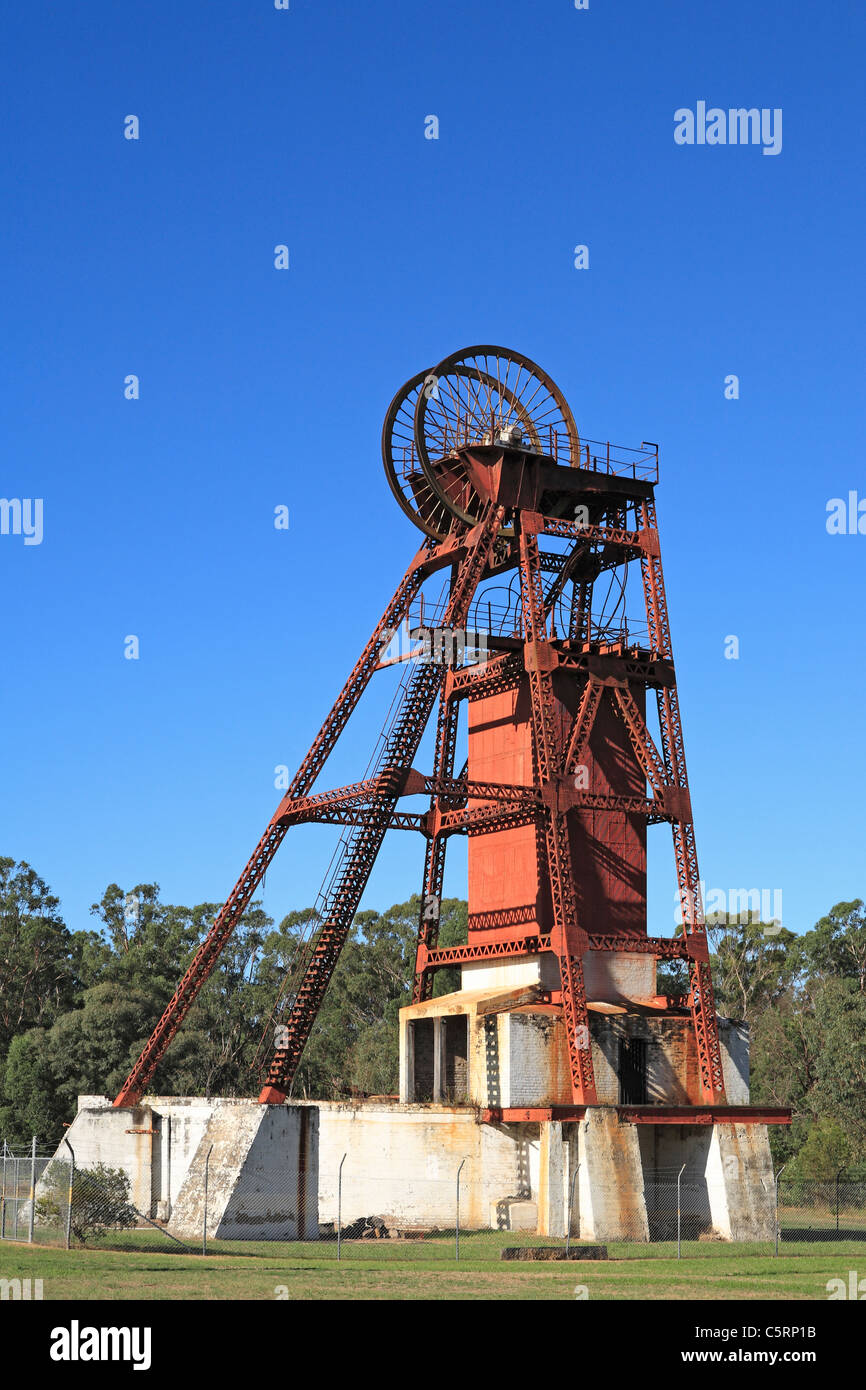 Der historische Poppet Leiter der Aberdare zentrale Zeche in Kitchener, in der Nähe von Cessnock im Hunter Valley, New South Wales, Australien. Stockfoto