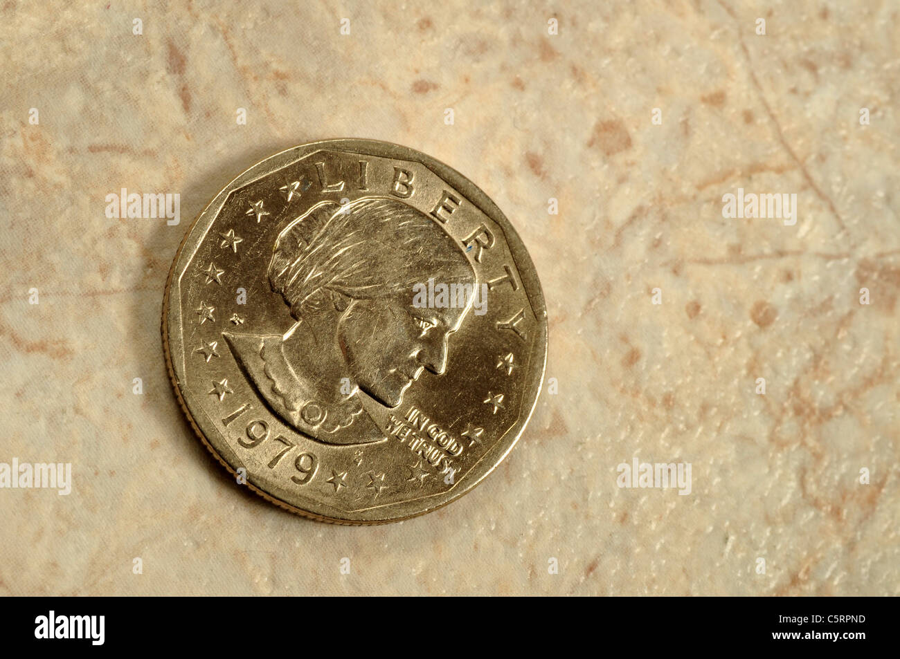 Frontansicht einer gebrauchten Susan B Anthony-Dollar-Münze. Stockfoto