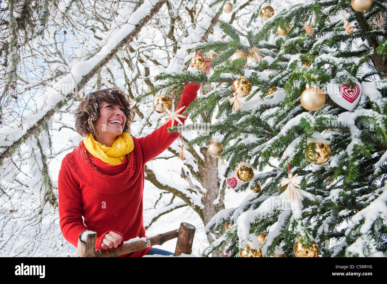 Österreich, Salzburger Land, Flachau, junge Frau schmücken Weihnachtsbaum im winter Stockfoto