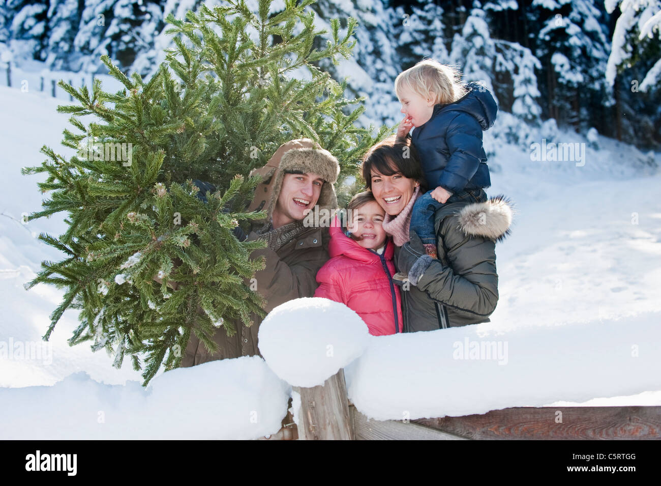 Österreich, Salzburger Land, Flachau, Blick auf Familie mit Weihnachtsbaum im Schnee Stockfoto