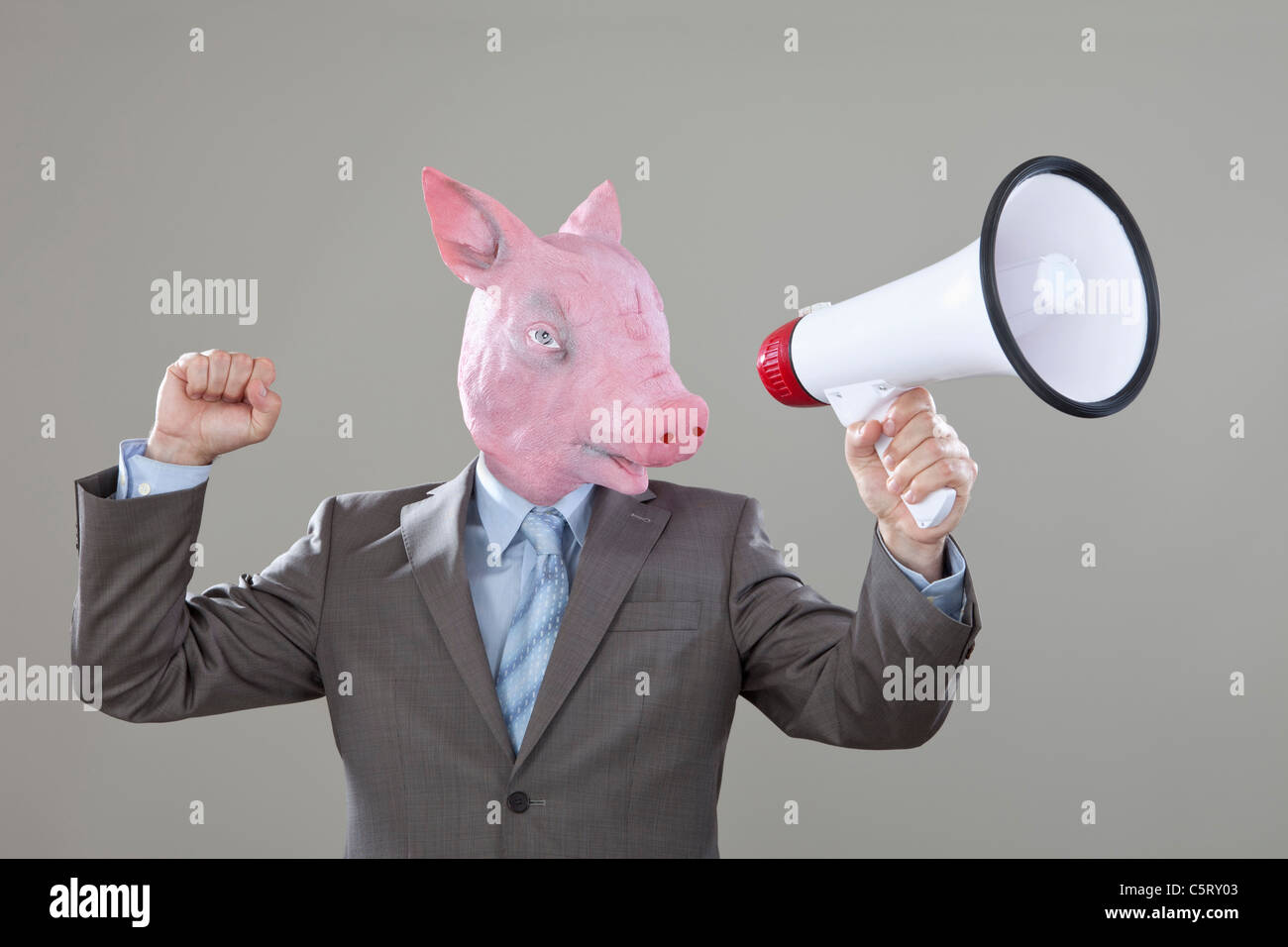 Nahaufnahme von Geschäftsmann mit Schweine-Kopf mit Megaphon im Büro vor grauem Hintergrund Stockfoto