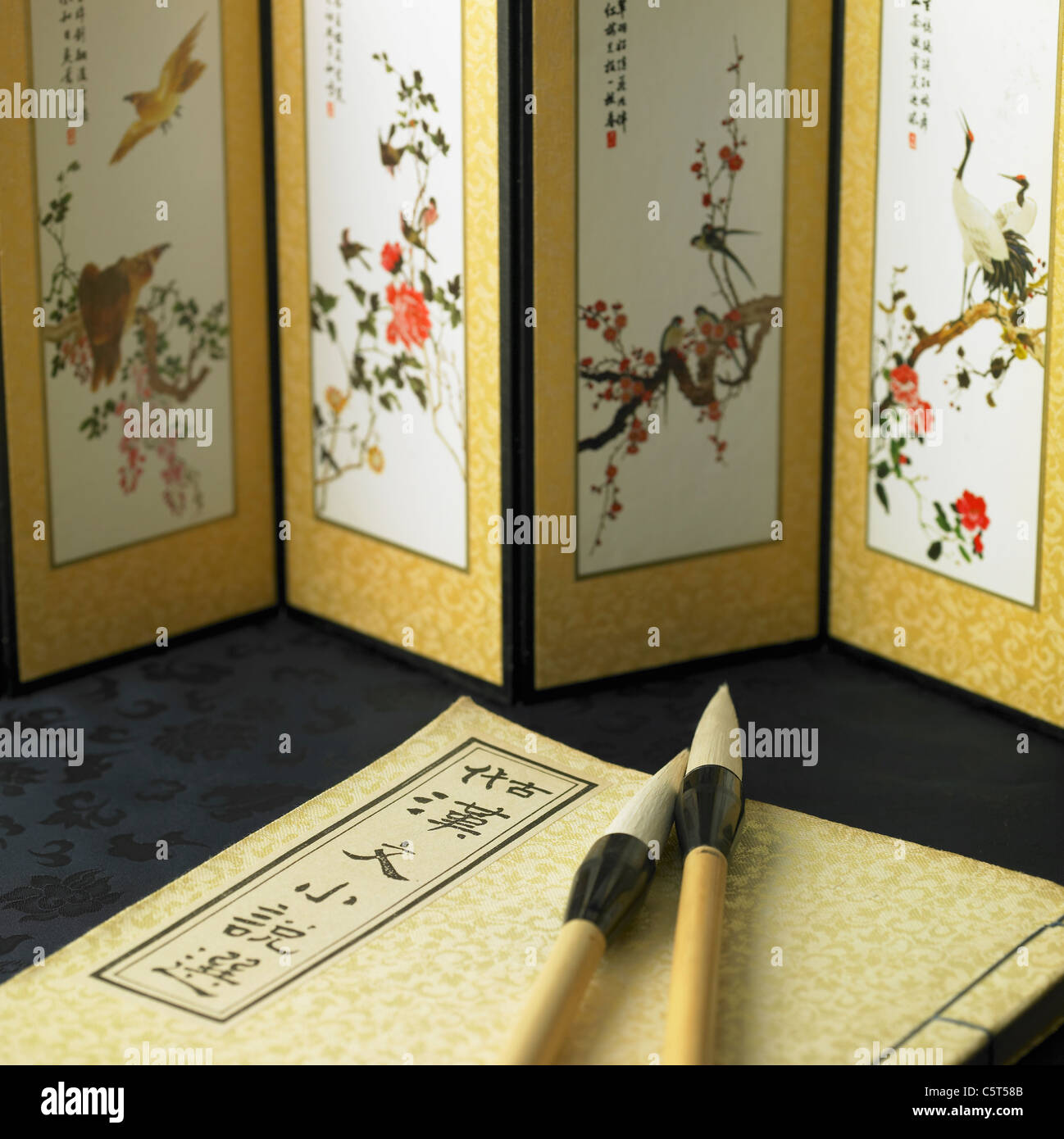 Koreanische antikes Buch und Kalligraphie Bürsten mit Paravent Stockfoto
