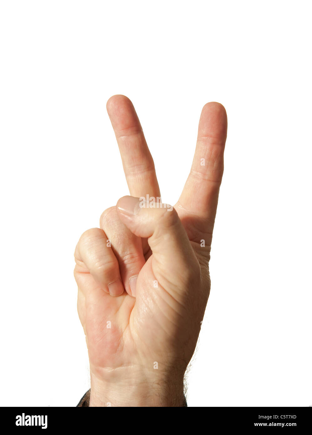 Hand eines Erwachsenen menschlichen männlichen geben das V-Zeichen für den Sieg Stockfoto