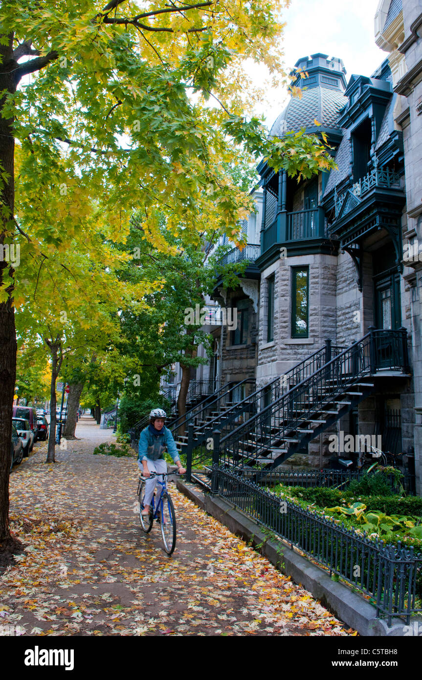 Person auf dem Fahrrad Rue Sainte Famille Plateau Mont-Royal Montreal Autum Stockfoto