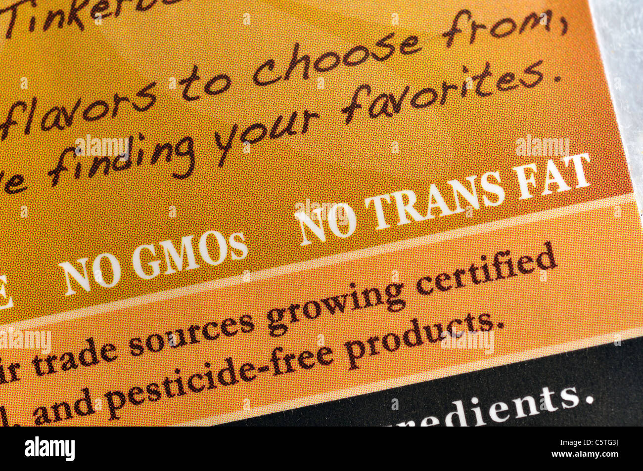Keine GVO keine Trans-Fettsäuren anmelden Lebensmittelpaket Stockfoto