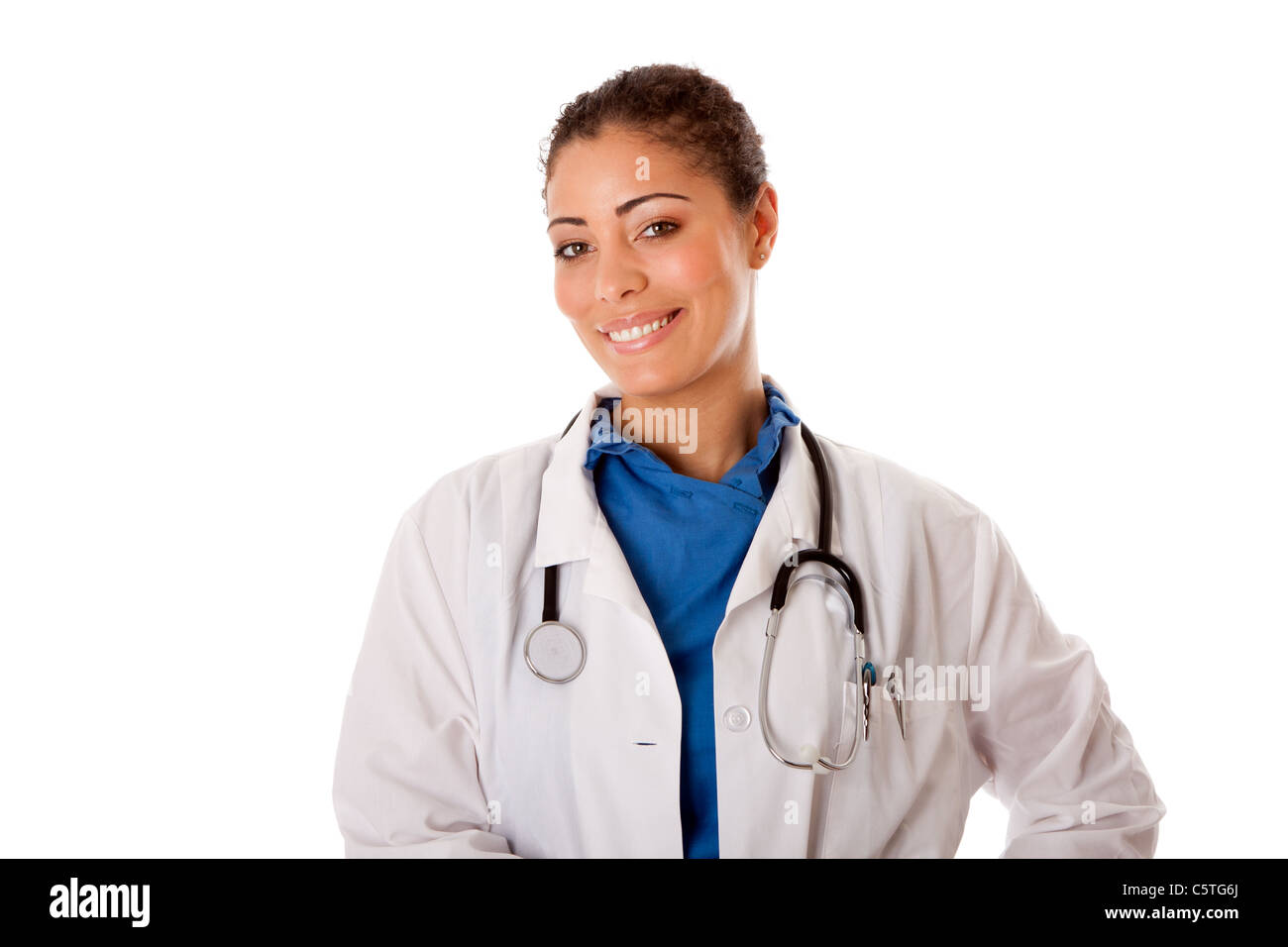 Schöne attraktive glücklich lächelnde Ärztin Arzt Krankenschwester, isoliert. Stockfoto