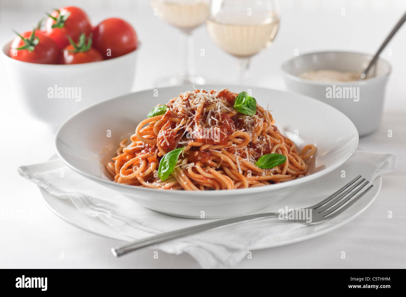 Spaghetti Napolitana. Spaghetti in Tomatensauce. Stockfoto