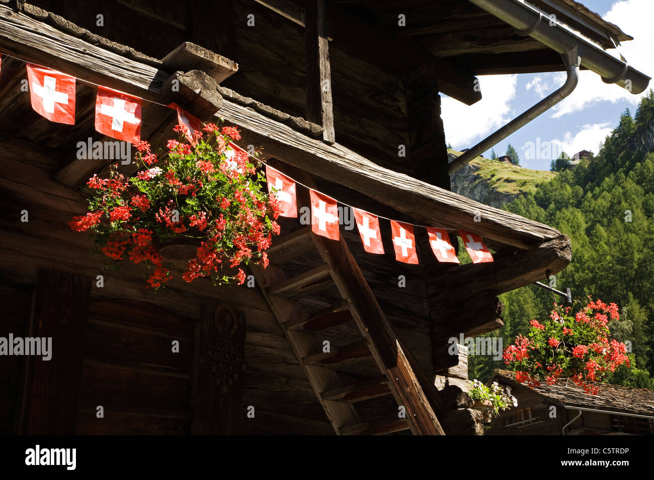 Schweiz, Walliser Alpen, Val Hérens, Les Hauderes, Blockhaus dekoriert mit Schweizer Bannerets Stockfoto