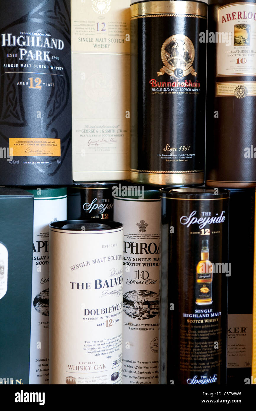 Schottischer Whisky Verpackungen. Stockfoto