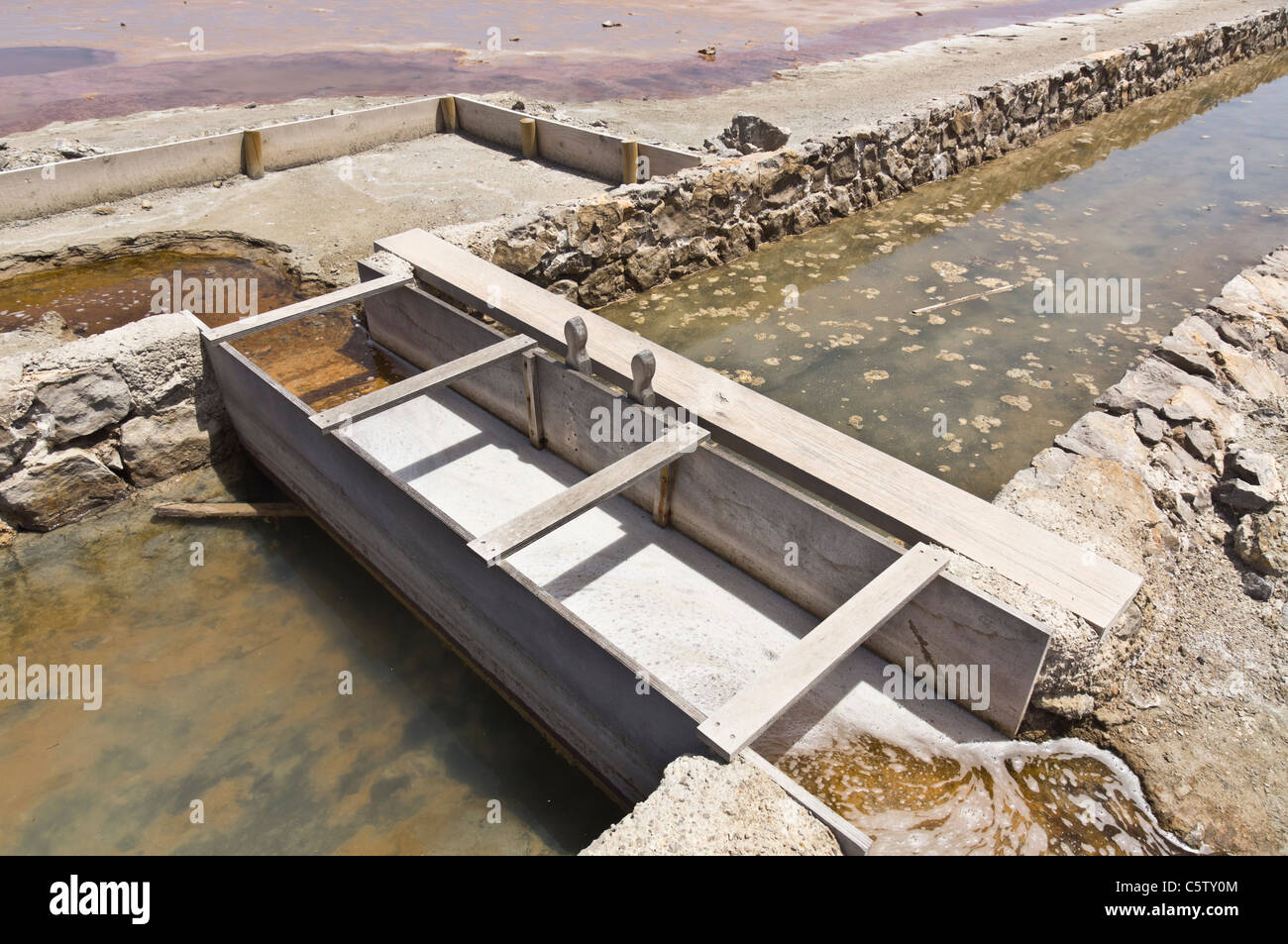 Salz Pfannen der Parc Natural de Ses Salines in der Nähe von Ibiza-Stadt und Flughafen. Kanäle für controlling Wasserfluss. Stockfoto