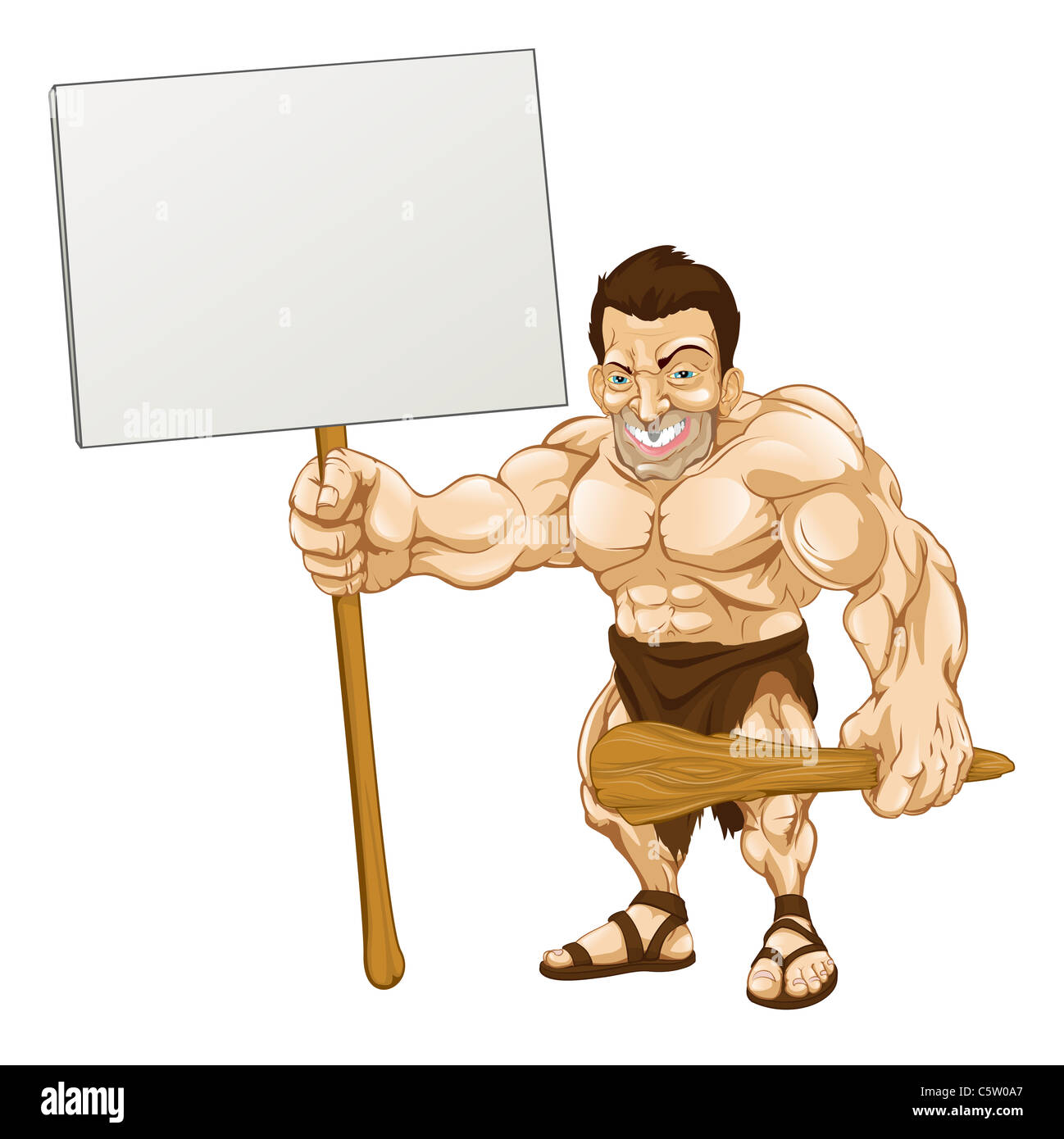 Eine Cartoon-Illustration von einem muskulösen Caveman mit einem Schild Stockfoto