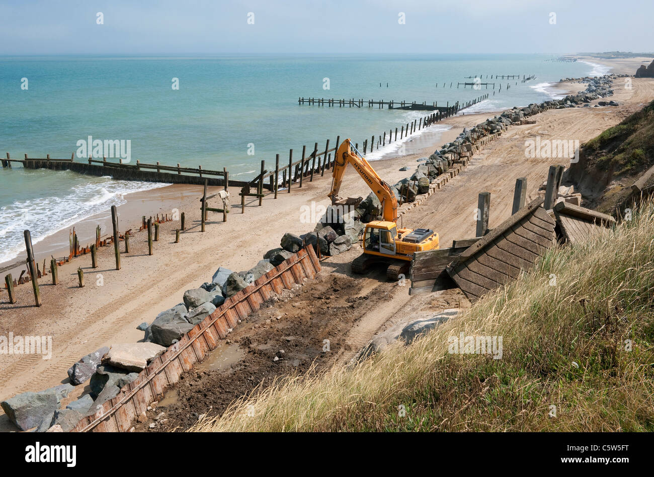 Reparatur von Küstenschutzes, Happisburgh, Norfolk, england Stockfoto