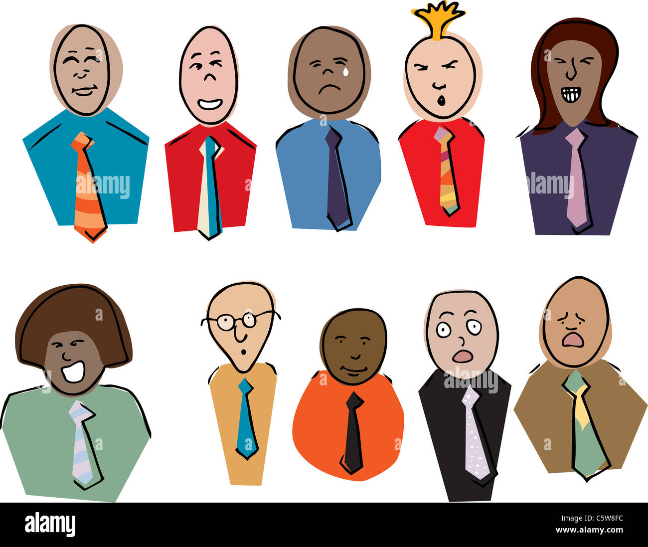 Zehn verschiedene Karikaturen von männlichen und weiblichen Geschäftsleuten Grimassen Stockfoto