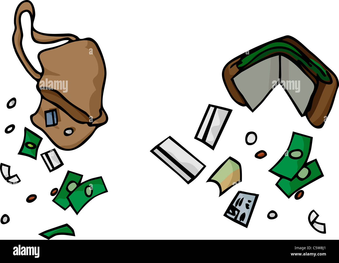 Zeichnung einer Handtasche und Geldbörse mit losen Kreditkarten und Bargeld Stockfoto