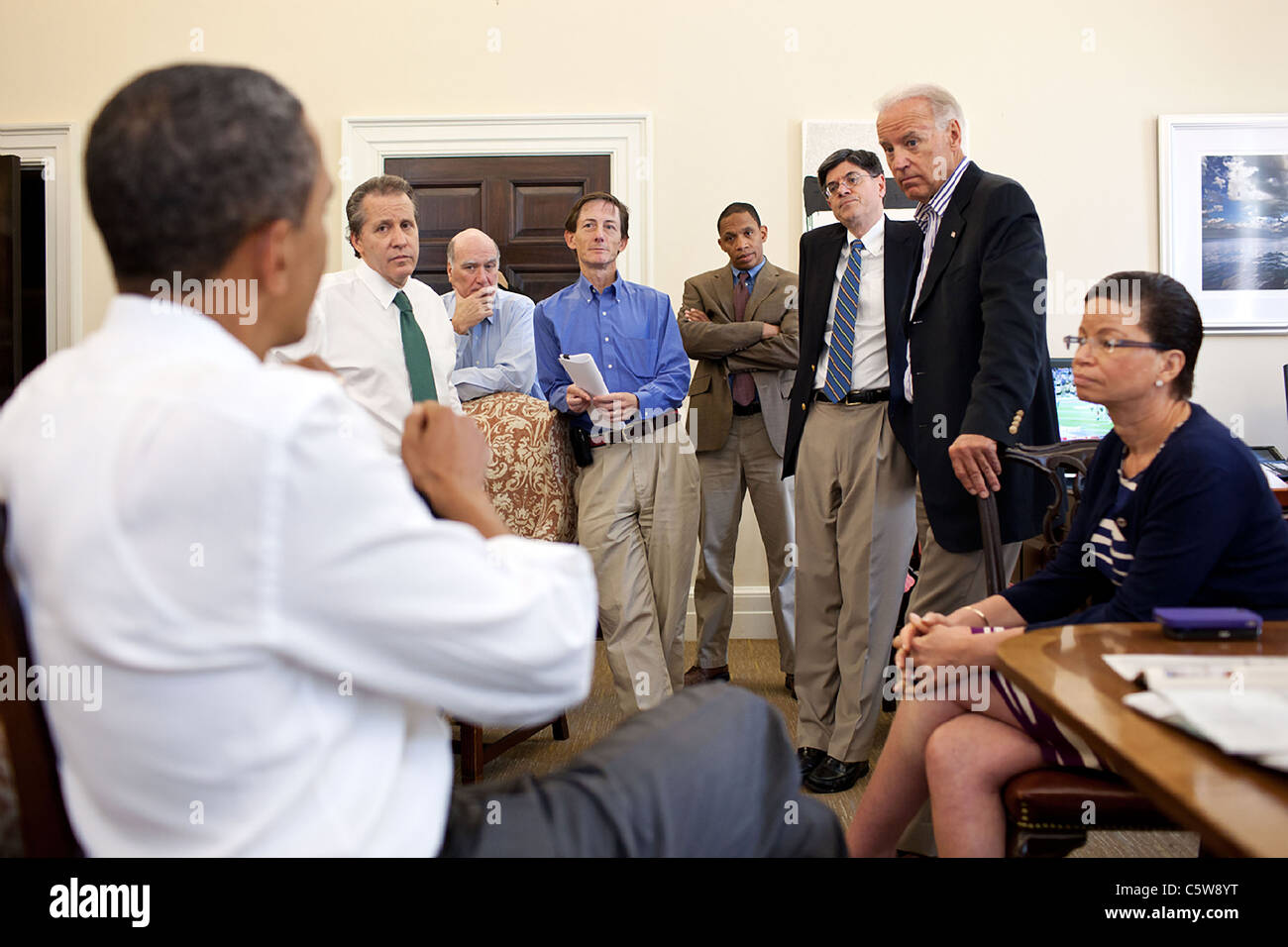 Präsident Barack Obama trifft sich mit senior Berater über die Schuldenkrise Stockfoto