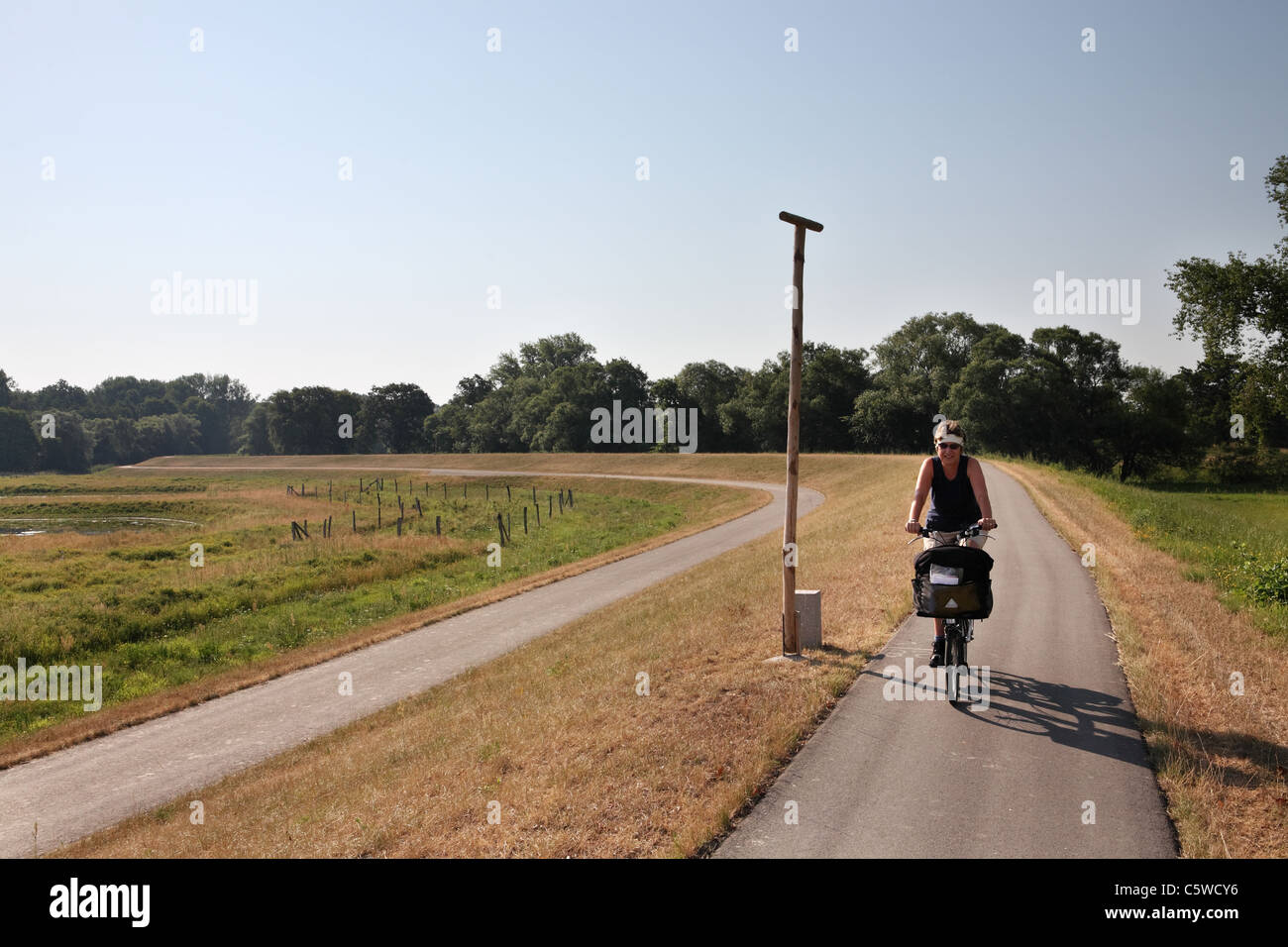 Ein Reifen weiblichen Radfahrer auf einem Brompton folding Radtouren entlang der Deiche oder Deich verlassen Bälow auf der Elbe Zyklus verfolgen Deutschland. Stockfoto