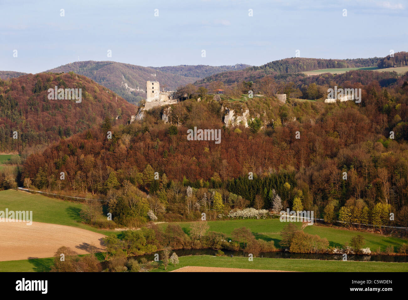 Deutschland, Franken, Fränkische Schweiz, Wiesenttal, Ansicht von Neideck Burgruine mit Fluss im Vordergrund Stockfoto