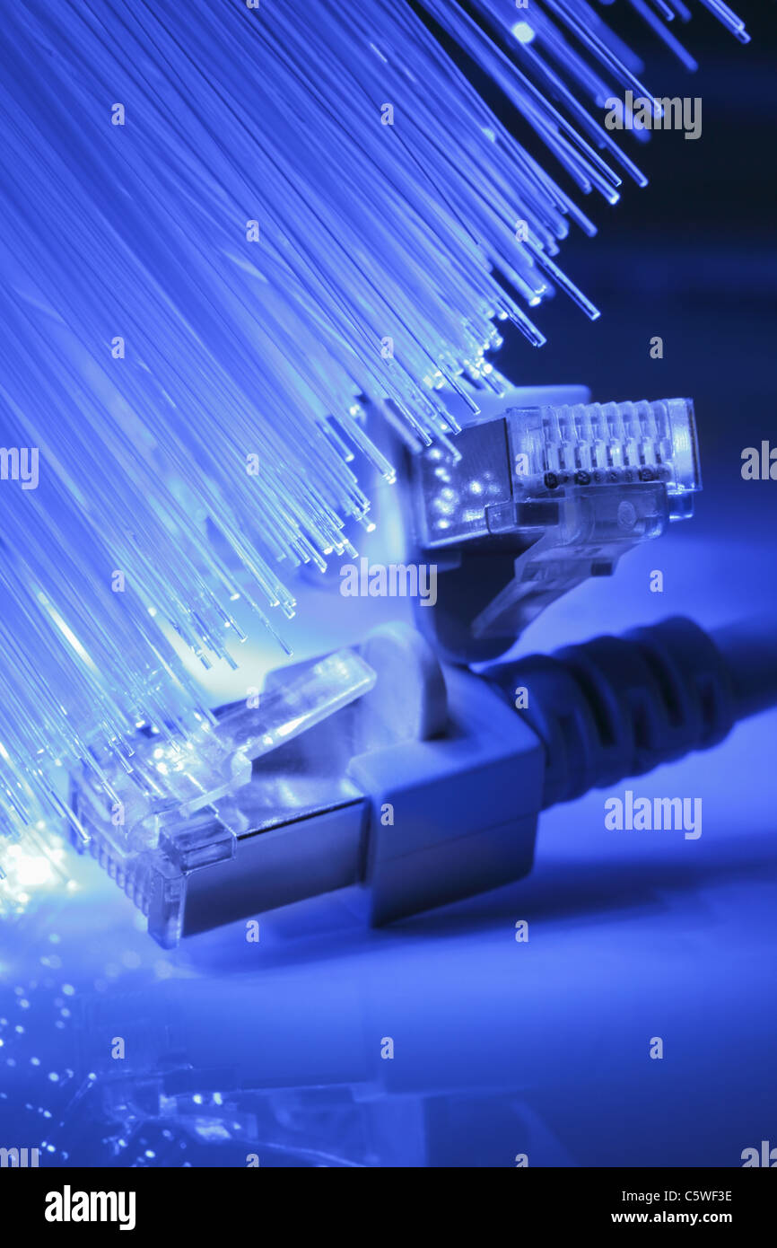 Blaue Faser Licht mit Ethernet-Kabel, Nahaufnahme Stockfoto