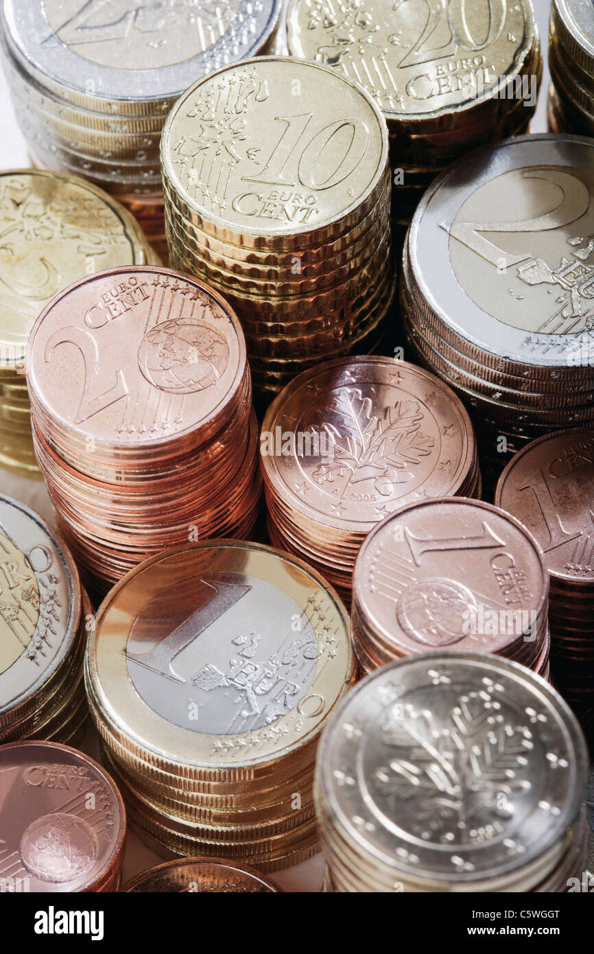Stapeln von Euro-Münzen und Cent, Nahaufnahme Stockfoto