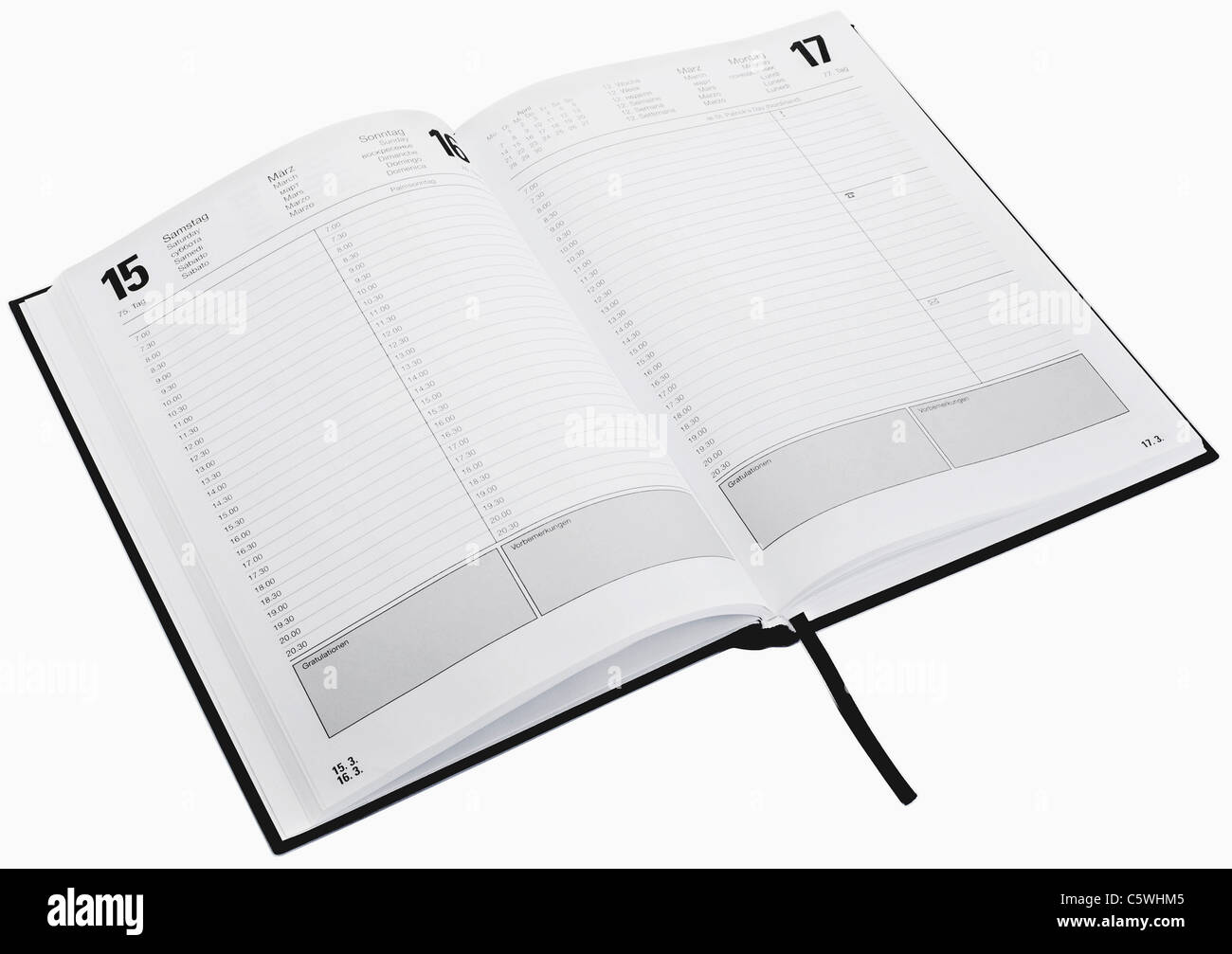 Terminplaner mit Kalender vor weißem Hintergrund Zeit, Nahaufnahme Stockfoto