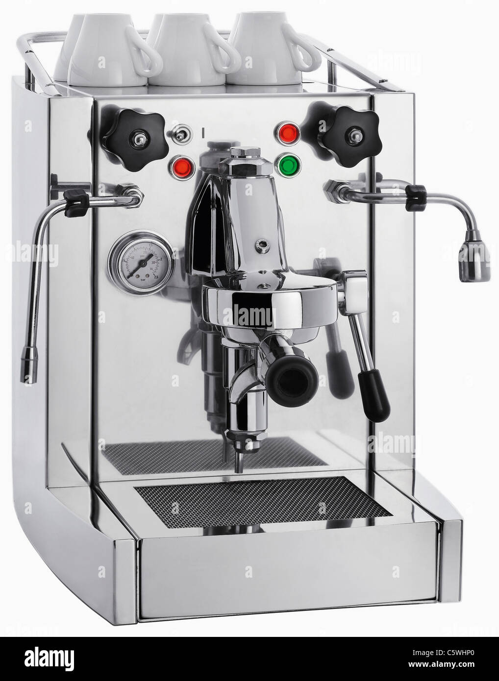 Espresso-Maschine auf weißem Hintergrund, Nahaufnahme Stockfoto