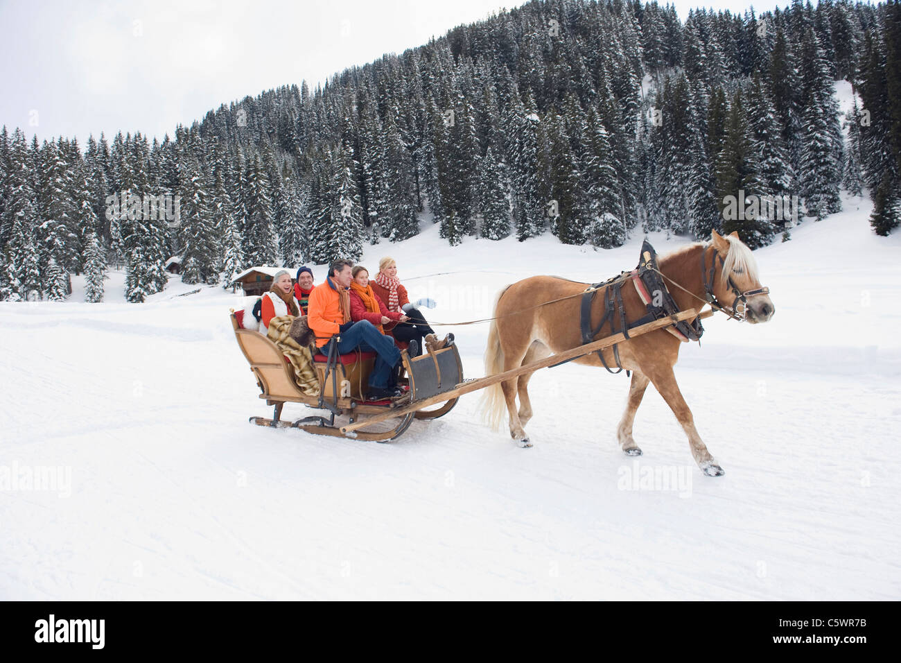 Italien, Südtirol, Seiseralm, Familie fahren Schlitten Stockfoto