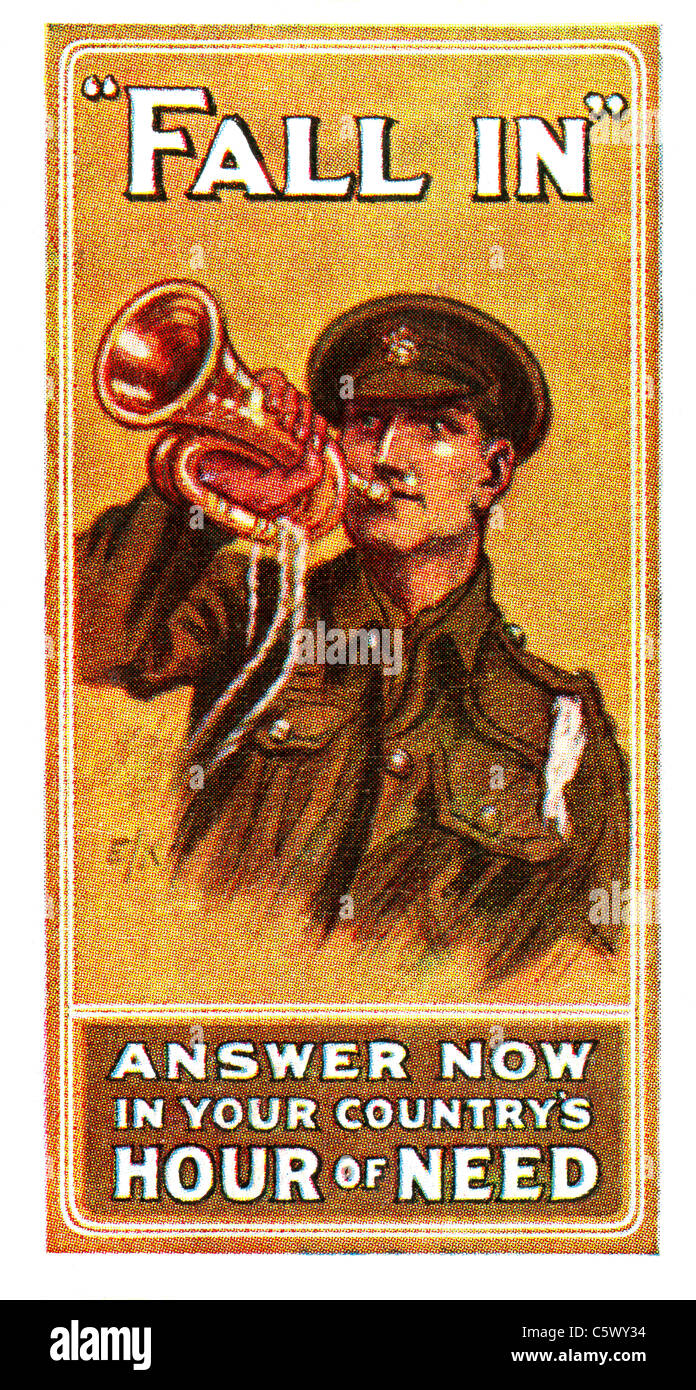 Weltkrieg eine Recruiting Poster - "verlieben sich. Antwort jetzt in Ihrem Land Stunde der Not "-Soldat in uniform spielen Signalhorn. DEL53 Stockfoto