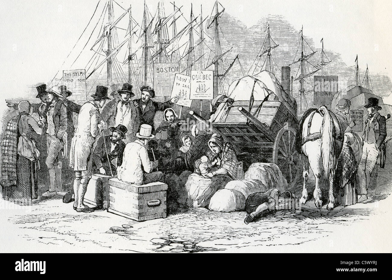 IRISCHE Emigranten warten auf ihre Passge nach Kanada und Amerika in den 1840er Jahren Stockfoto