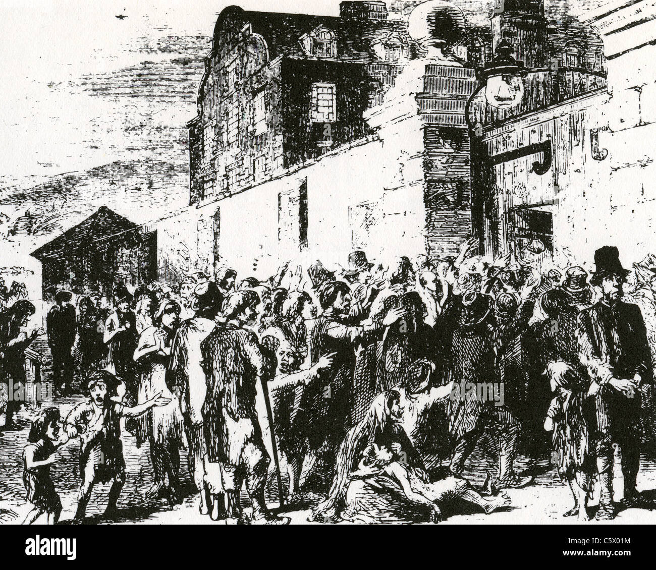IRISCHE ARBEITSHAUS mittellose irische Familien plädieren für Lebensmittel außerhalb ein Arbeitshaus in den 1840er Jahren Stockfoto