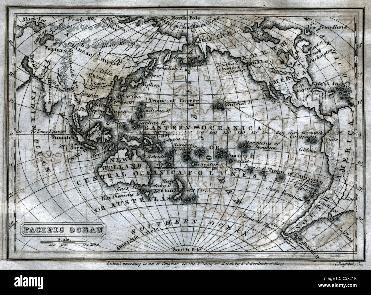 Pazifik - Antiquarische schwarze und weiße Karte aus dem Zweiten Buch der Geschichte" Stockfoto