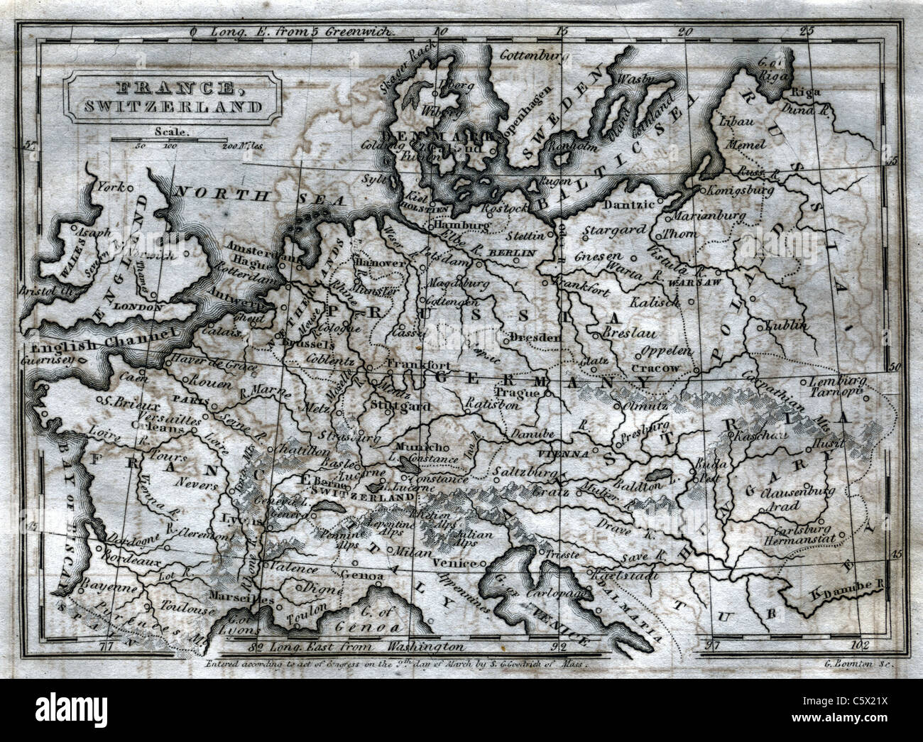 Frankreich und die Schweiz - Antiquarische schwarze und weiße Karte aus dem Zweiten Buch der Geschichte" Stockfoto