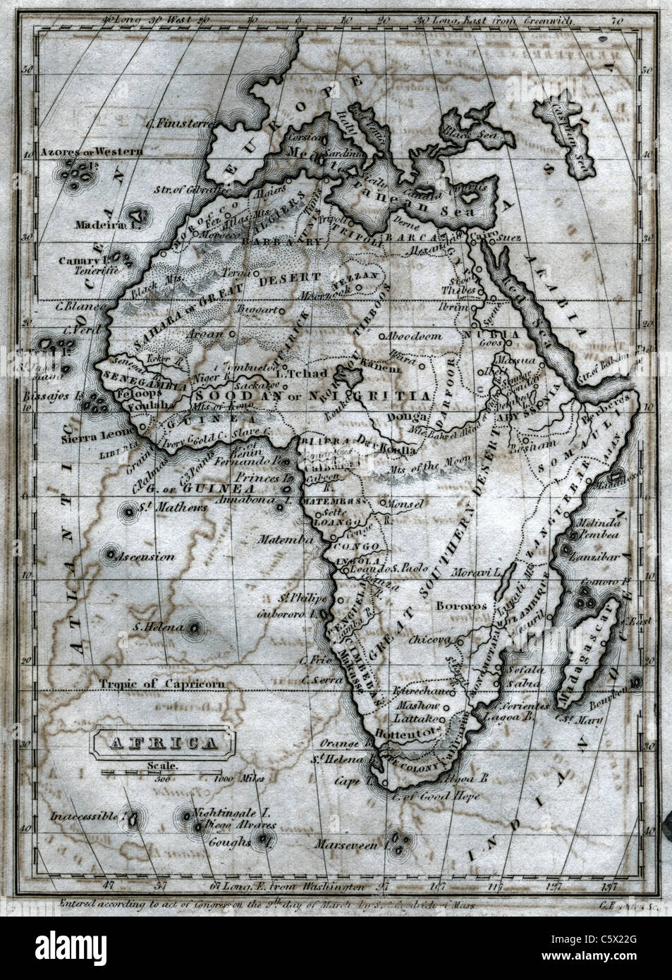 Afrika - Antiquarische schwarze und weiße Karte aus dem Zweiten Buch der Geschichte" Stockfoto