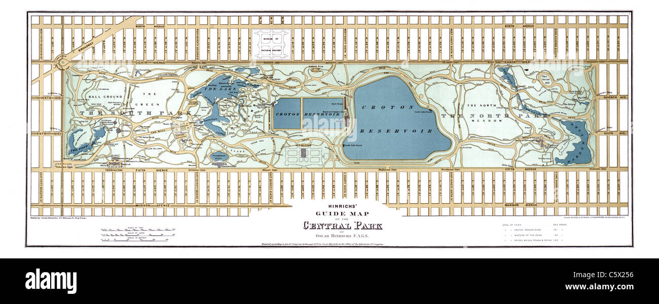1875 Hinrichs' Guide Karte der Central Park - Karte von Central Park von Oscar Hinrich Stockfoto