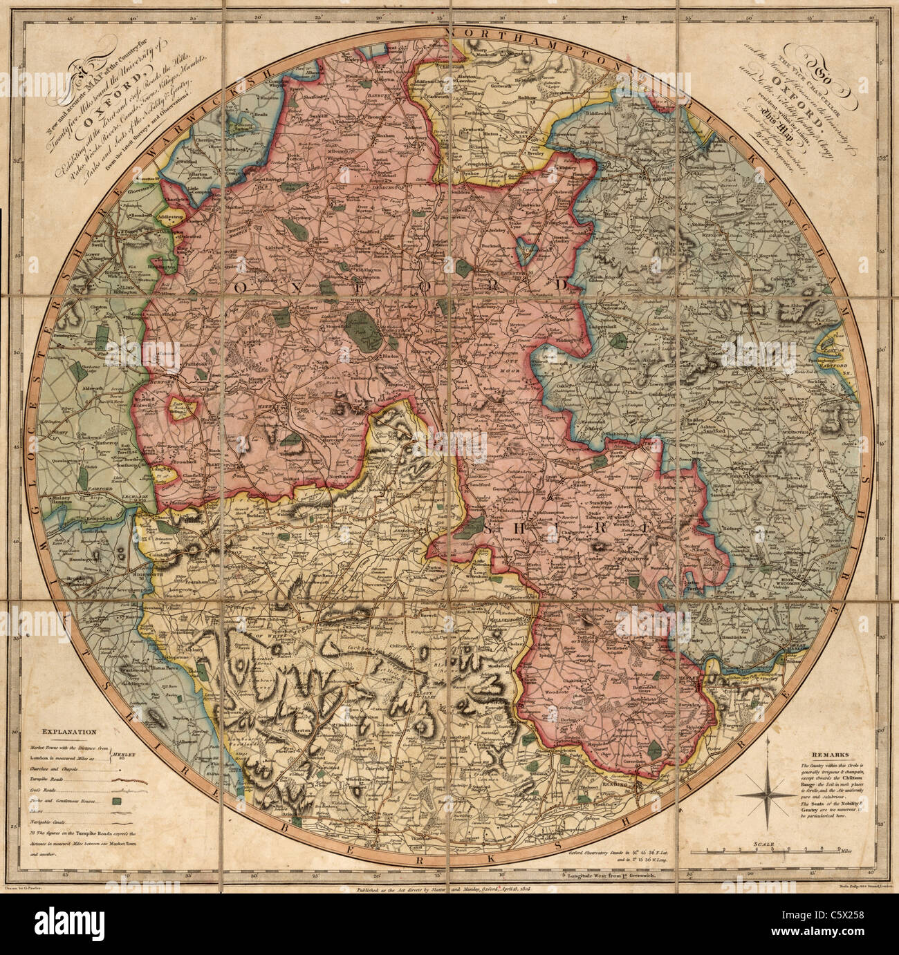 Eine neue und genaue Landkarte für 25 Meilen rund um die University of Oxford - Vintage Antiquarian Map Stockfoto