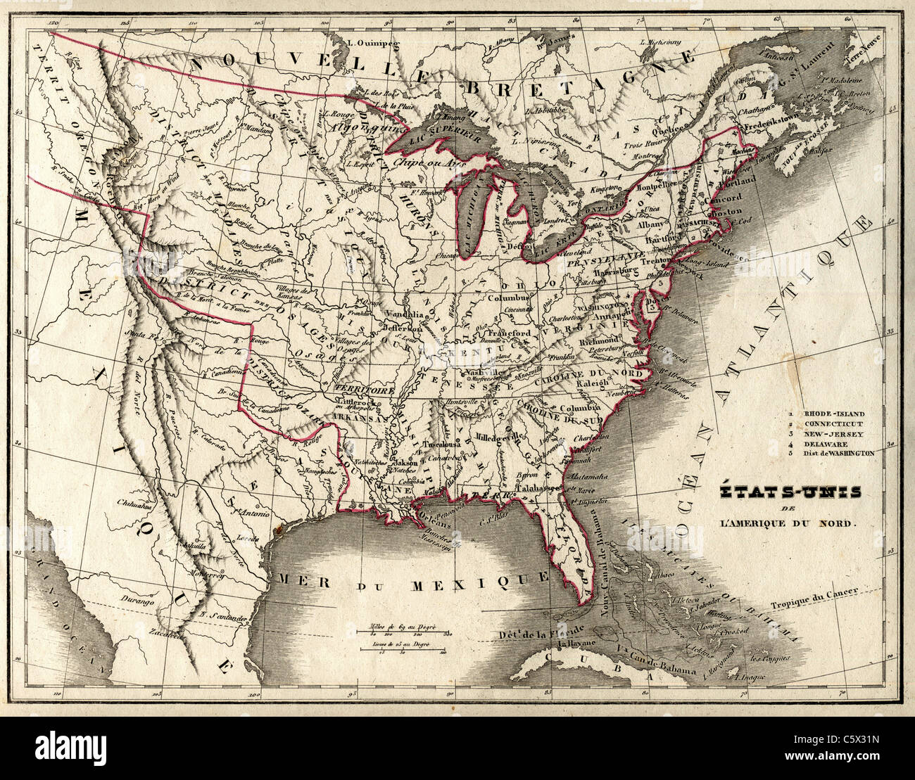 Etats-Unis de L'Amerique du Nord (die Vereinigten Staaten von Nordamerika) Antiquarian Karte von 'Atlas Universel de Geographie Ancienne und "Moderne" - Monin Stockfoto