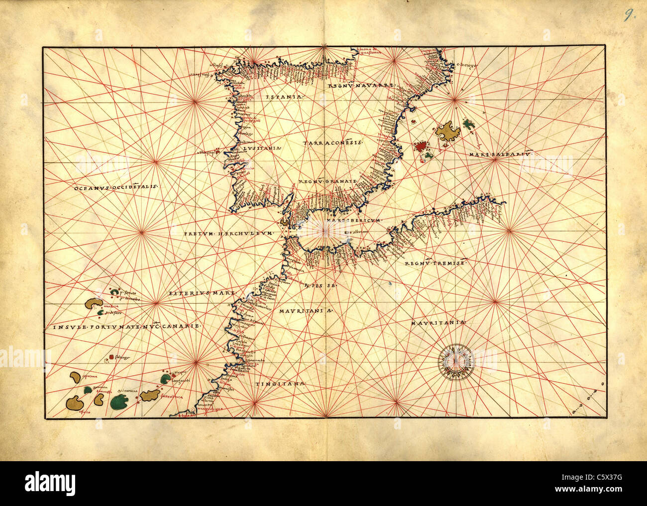 Straße von Gibraltar mit Nordwesten Afrika und Spanien - Antiquarische Karte oder Portolan Chart aus dem 16. Jahrhundert Portolan Atlas Stockfoto