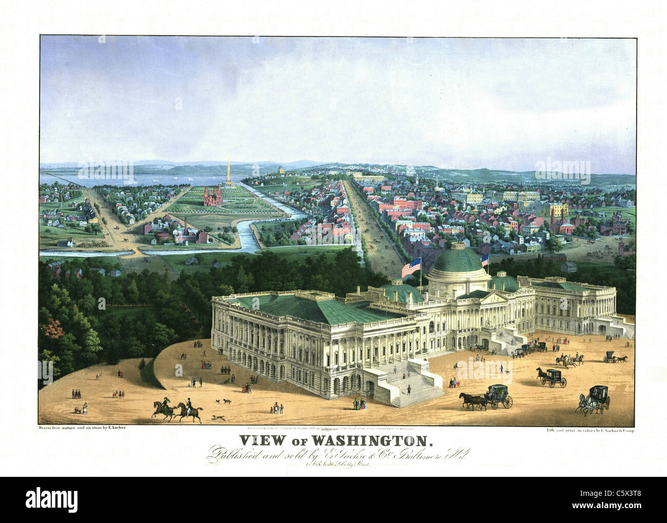 Blick auf den Washington DC - Vintage Antik 1852 Farblithographie von der Natur und auf Stein gezogen; durch E.Sachse & Comp., Baltimore, MD Stockfoto