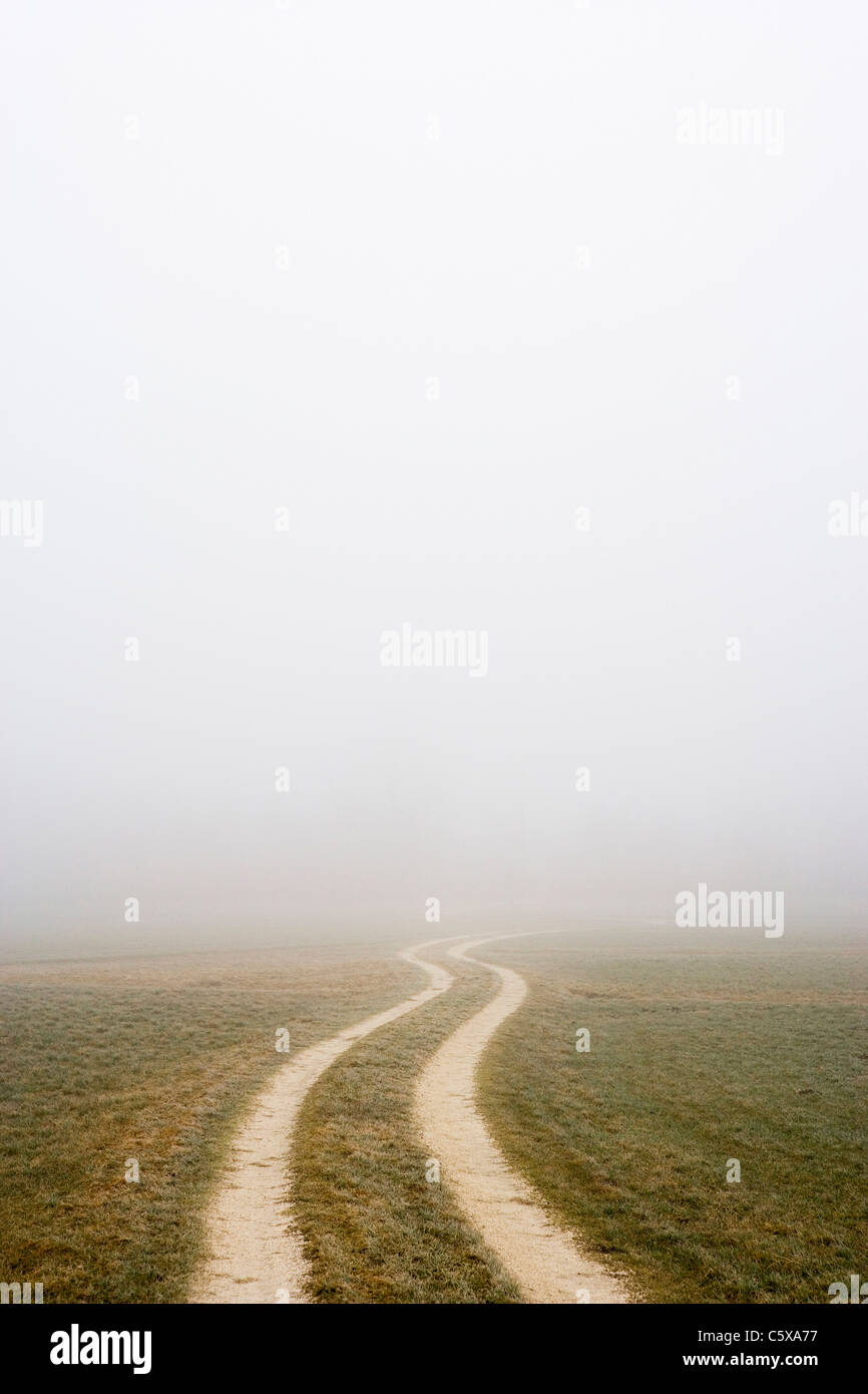 Feldweg und Nebel Stockfoto